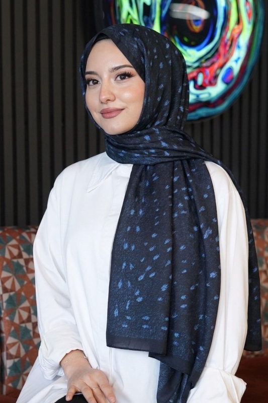 Geyik Desen Lacivert Soft Pamuk Şal - 1