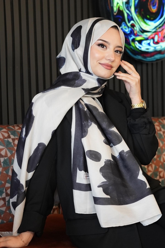 Gül Desen Fildişi Soft Pamuk Şal - 1