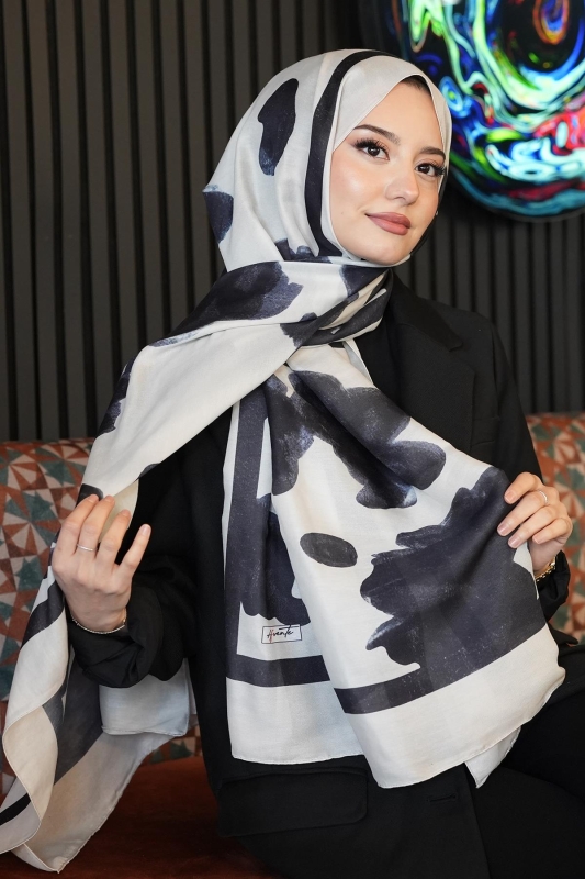 Gül Desen Fildişi Soft Pamuk Şal - 2