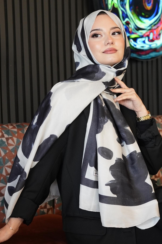 Gül Desen Fildişi Soft Pamuk Şal - 3