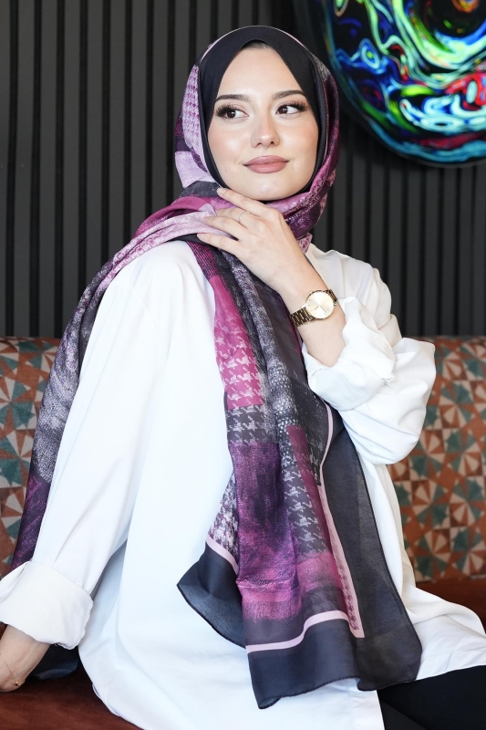 Kare Desen Şarabi Soft Pamuk Şal - Afvente