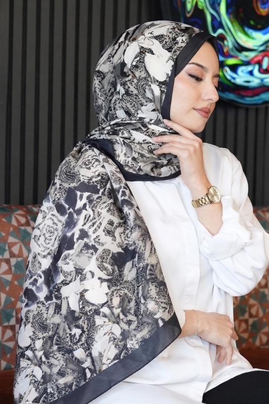 Karma Desen Siyah-Krem Soft Pamuk Şal - AFVENTE