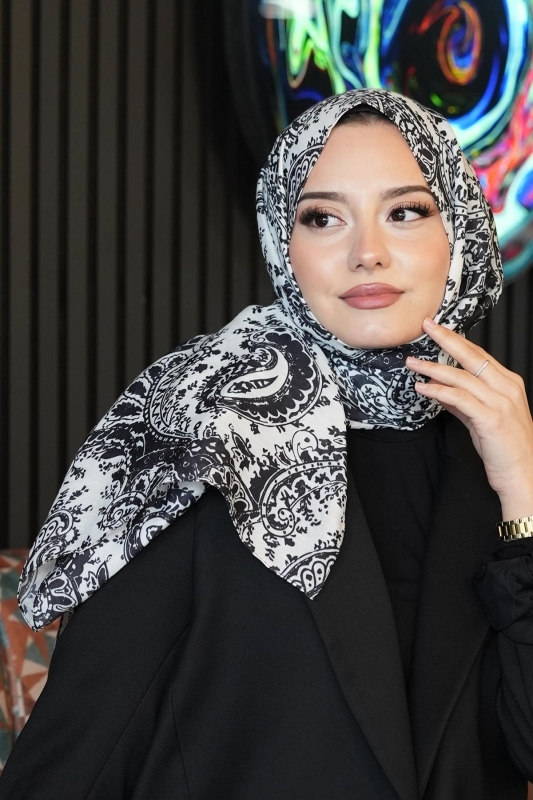 Klasik Paisley Desen Siyah-Beyaz Soft Pamuk Şal - 3
