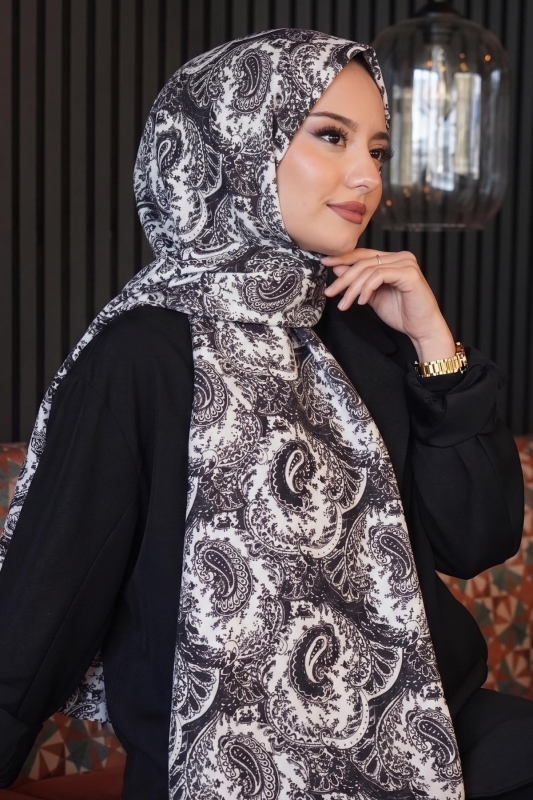 Klasik Paisley Desen Siyah-Beyaz Soft Pamuk Şal - AFVENTE