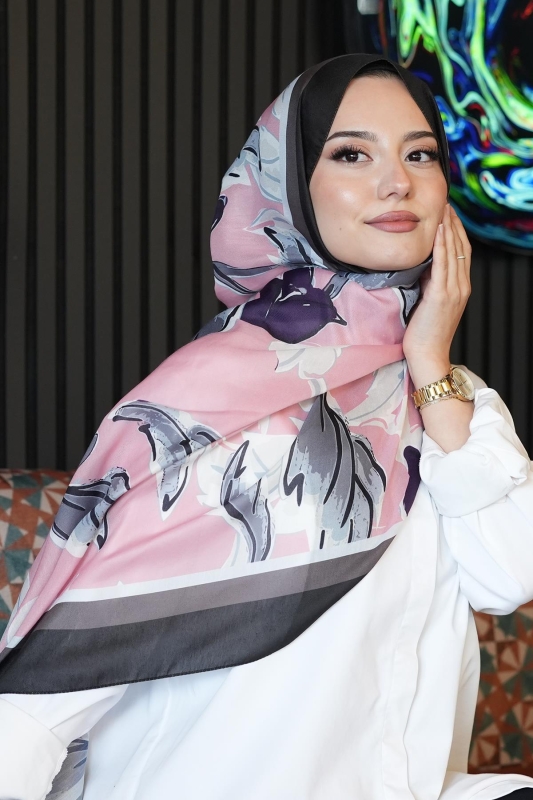 Lale Desen Pembe Soft Pamuk Şal - 2