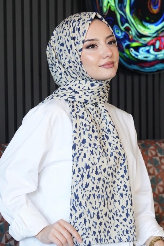 Mozaik Desen Lacivert Soft Pamuk Şal - AFVENTE