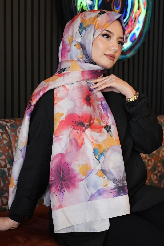 Orkide Desen Pudra Soft Pamuk Şal - AFVENTE