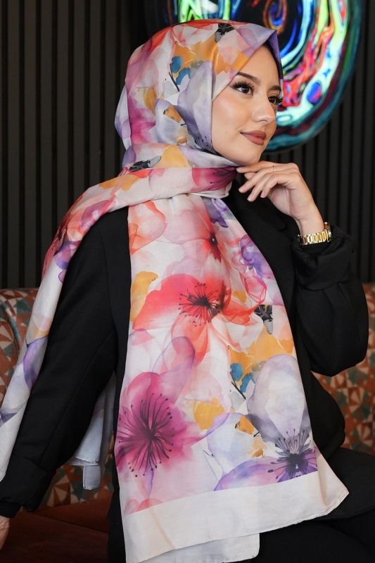 Orkide Desen Pudra Soft Pamuk Şal - 3