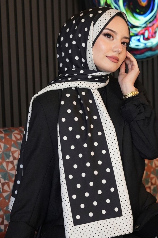 Puantiye Desen Siyah Soft Pamuk Şal - Afvente