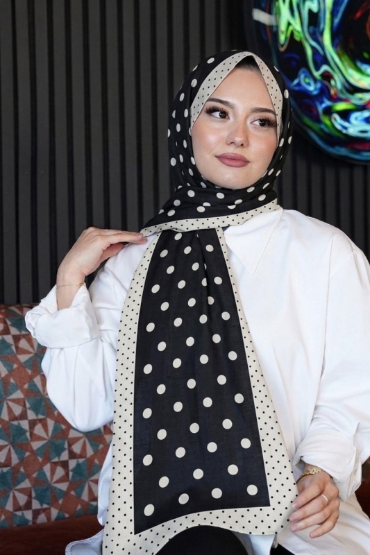 Puantiye Desen Siyah Soft Pamuk Şal - 2