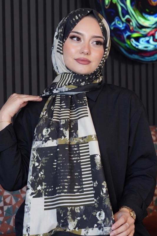 Retro Çiçek Desen Bej Soft Pamuk Şal - Afvente