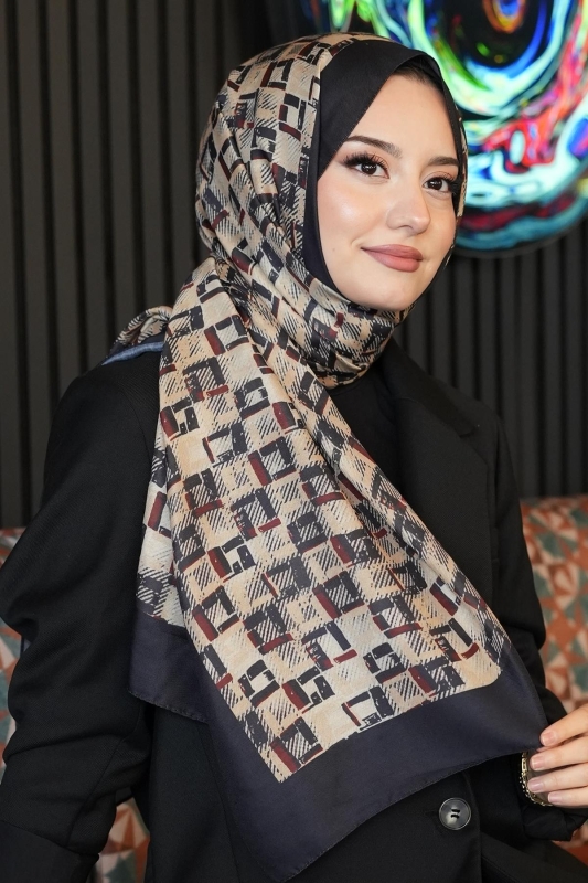 Retro Kare Desen Acı Kahve Soft Pamuk Şal - Afvente