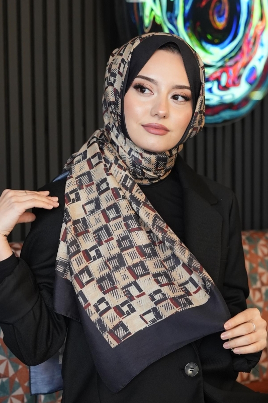 Retro Kare Desen Acı Kahve Soft Pamuk Şal - 2