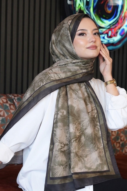 Soft Bitki Desen Haki Soft Pamuk Şal - 1