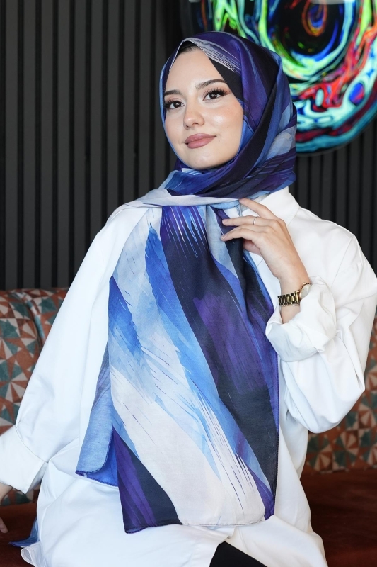 Soyut Fırça Desen Mavi Soft Pamuk Şal - 2
