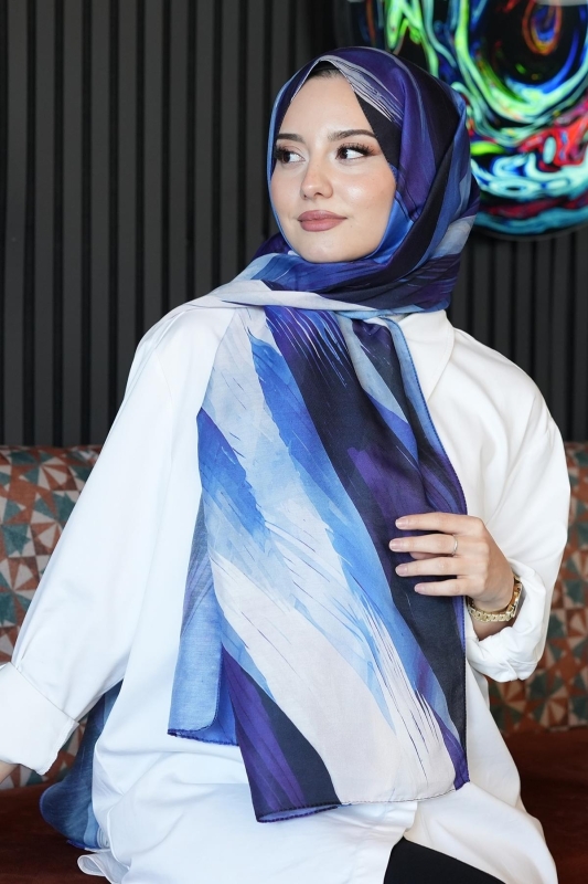Soyut Fırça Desen Mavi Soft Pamuk Şal - 3