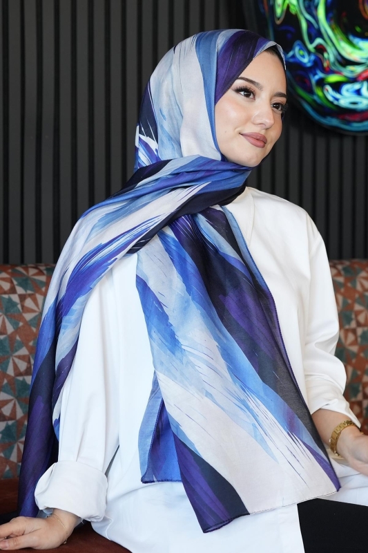 Soyut Fırça Desen Mavi Soft Pamuk Şal - AFVENTE