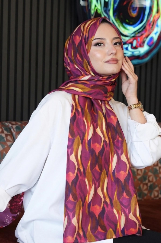 Soyut Yaprak Desen Hardal Soft Pamuk Şal - AFVENTE