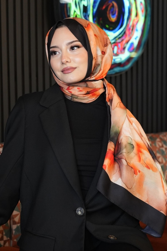 Sulu Boya Desen Turuncu Soft Pamuk Şal - 1