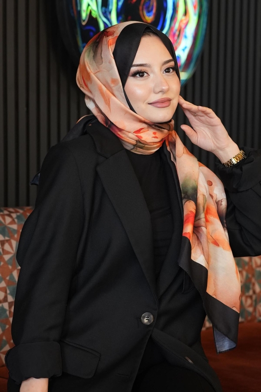 Sulu Boya Desen Turuncu Soft Pamuk Şal - 2