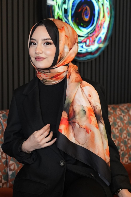 Sulu Boya Desen Turuncu Soft Pamuk Şal - 3