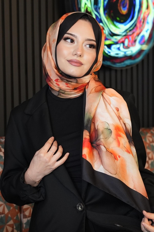 Sulu Boya Desen Turuncu Soft Pamuk Şal - 4