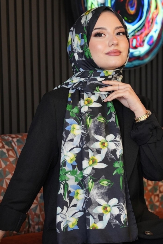 Yapraklı Çiçek Desen Yeşil Soft Pamuk Şal - 1