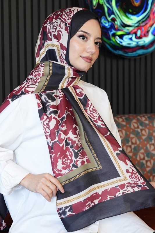 Zincir Gül Desen Fuşya Soft Pamuk Şal - Afvente