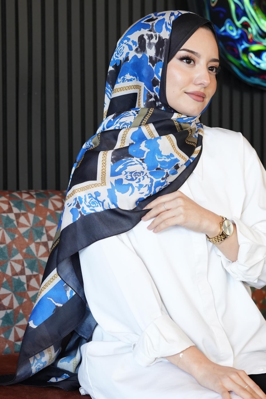 Zincir Gül Desen Saks Soft Pamuk Şal - Afvente