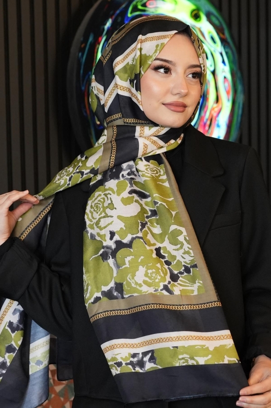 Zincir Gül Desen Yağ Yeşili Soft Pamuk Şal - Afvente