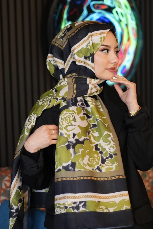 Zincir Gül Desen Yağ Yeşili Soft Pamuk Şal - 2