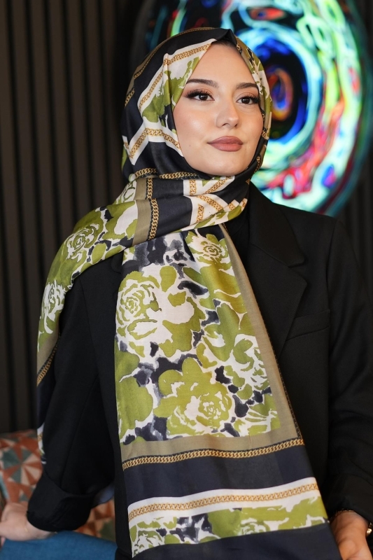 Zincir Gül Desen Yağ Yeşili Soft Pamuk Şal - 3