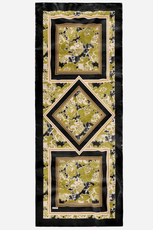 Zincir Gül Desen Yağ Yeşili Soft Pamuk Şal - 4