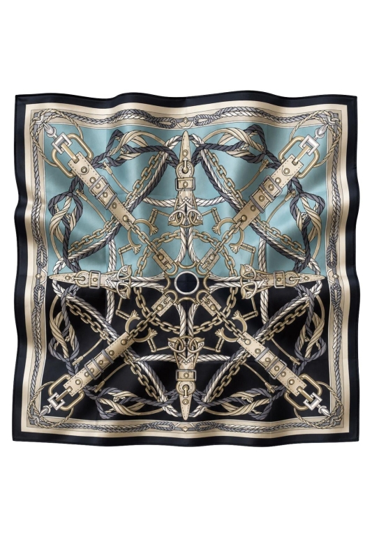 Halat Zincir Desen Lacivert-Bej Soft Fular Eşarp 90x90 cm - 5