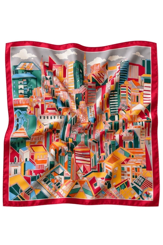 Modern Şehir Desen Pembe-Turuncu Soft Fular Eşarp 90x90 cm - 5