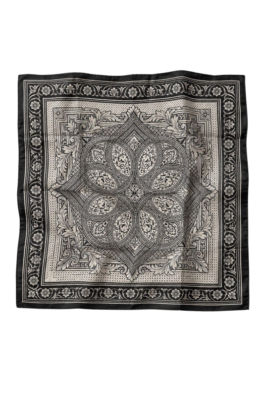 Osmanlı Motif Desen Siyah-Bej Soft Fular Eşarp 90x90 cm - 5