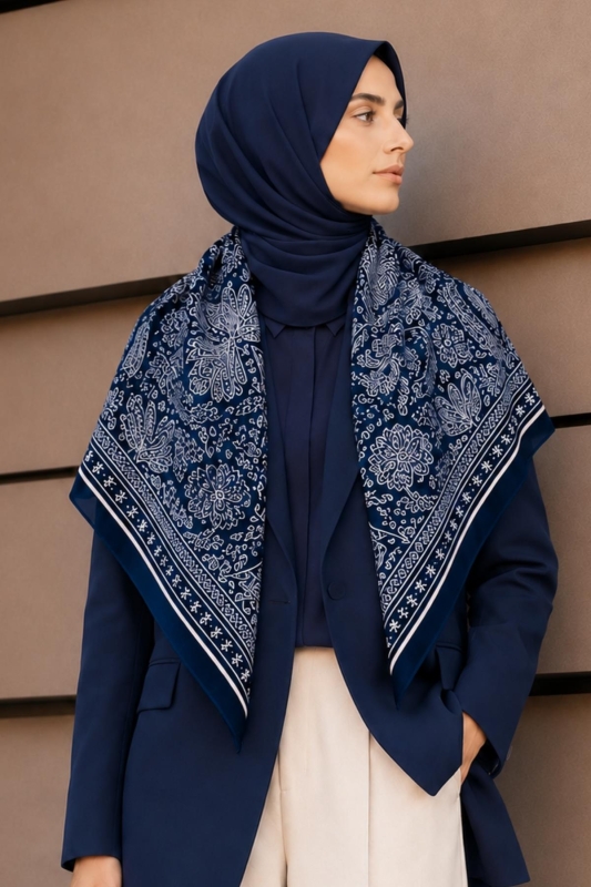 Şal Desen Lacivert-Krem Soft Fular Eşarp 90x90 cm - Afvente