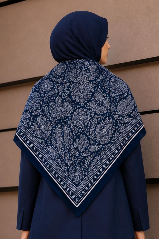Şal Desen Lacivert-Krem Soft Fular Eşarp 90x90 cm - 2