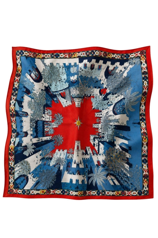 Şato Bahçe Desen Kırmızı-Mavi Soft Fular Eşarp 90x90 cm - 6