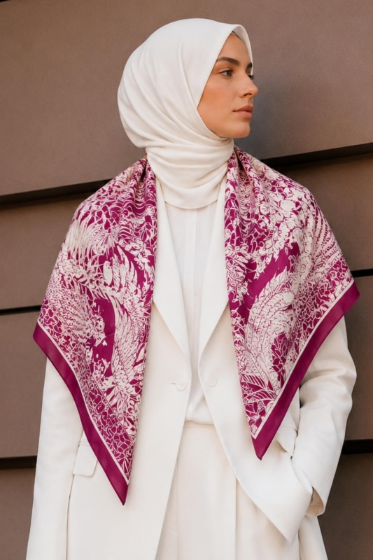 Tropikal Kuş Desen Fuşya-Krem Soft Fular Eşarp 90x90 cm - Afvente