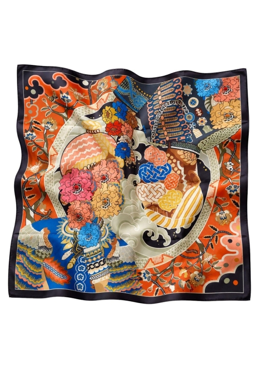 Vintage Çiçek Desen Turuncu-Lacivert Soft Fular Eşarp 90x90 cm - 5